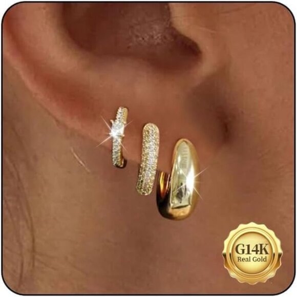 Gold Hoop Earrings Set for Women - 14K Gold Plated Small Hoops, Chunky Thick Ear - Picture 1 of 9